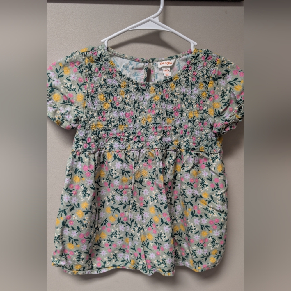 Cat & Jack Girls' L (10/12) Floral Smocked Ruffle Top | Green Cotton Blend